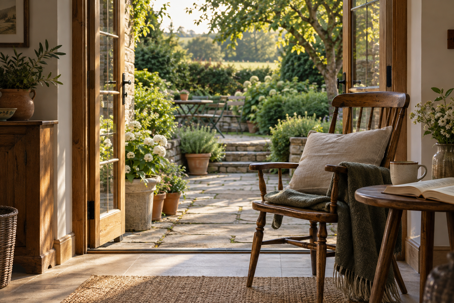 An open garden door, a chair and a book in a quiet English home